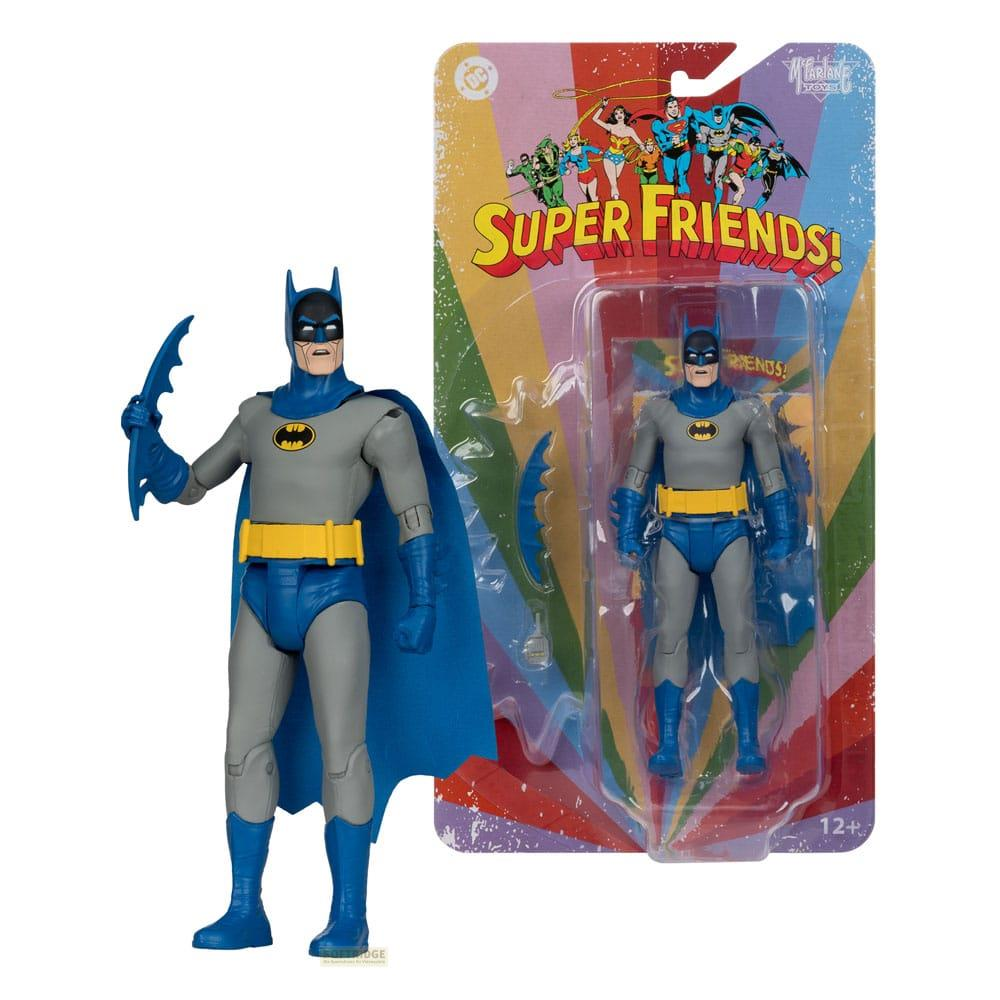 Action figure di Batman in confezione con logo "Super Friends" e altri personaggi.