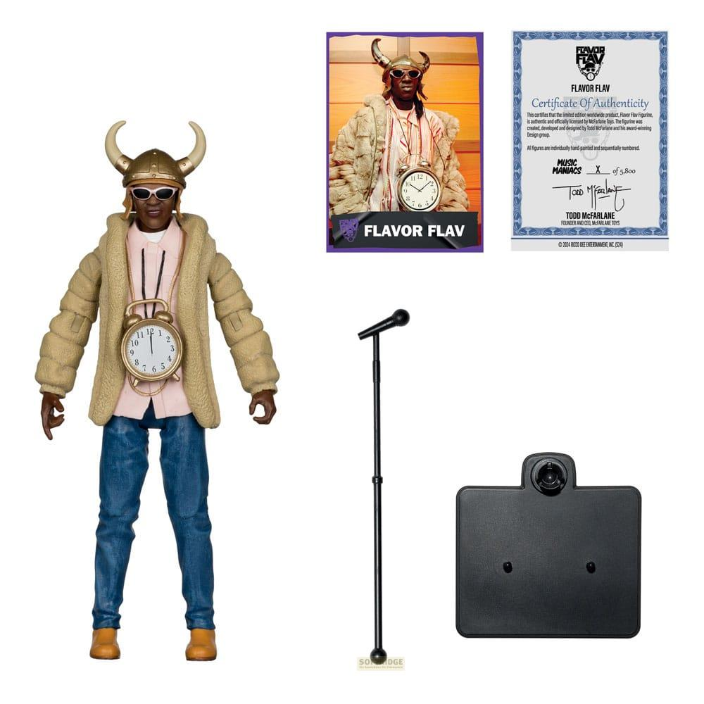 Action figure di Flavor Flav con orologio, asta microfono, base e certificato autenticità.
