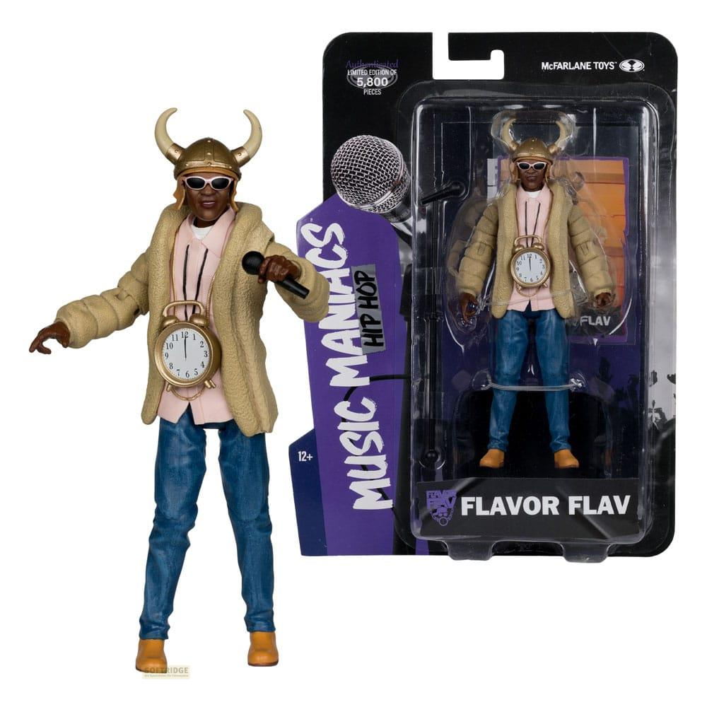 Action figure di Flavor Flav con orologio al collo, elmo vichingo, microfono, nella confezione.