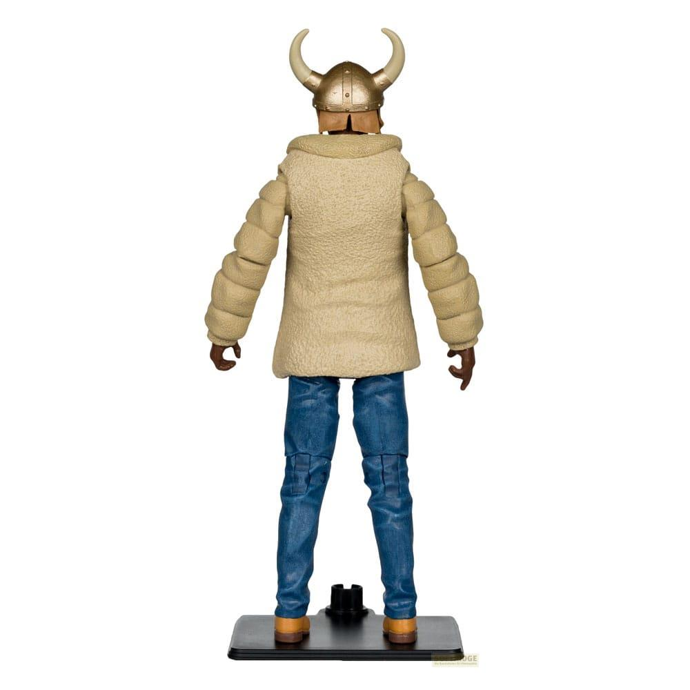 Action figure con elmo vichingo, giacca beige e jeans blu, su base nera.