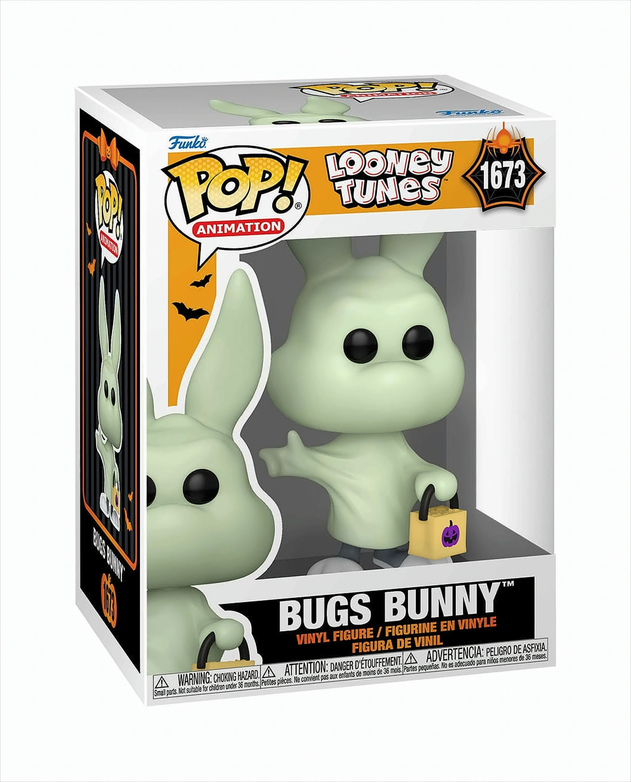 Una figuretta Funko Pop! verde chiaro di Bugs Bunny con una borsa per dolci.