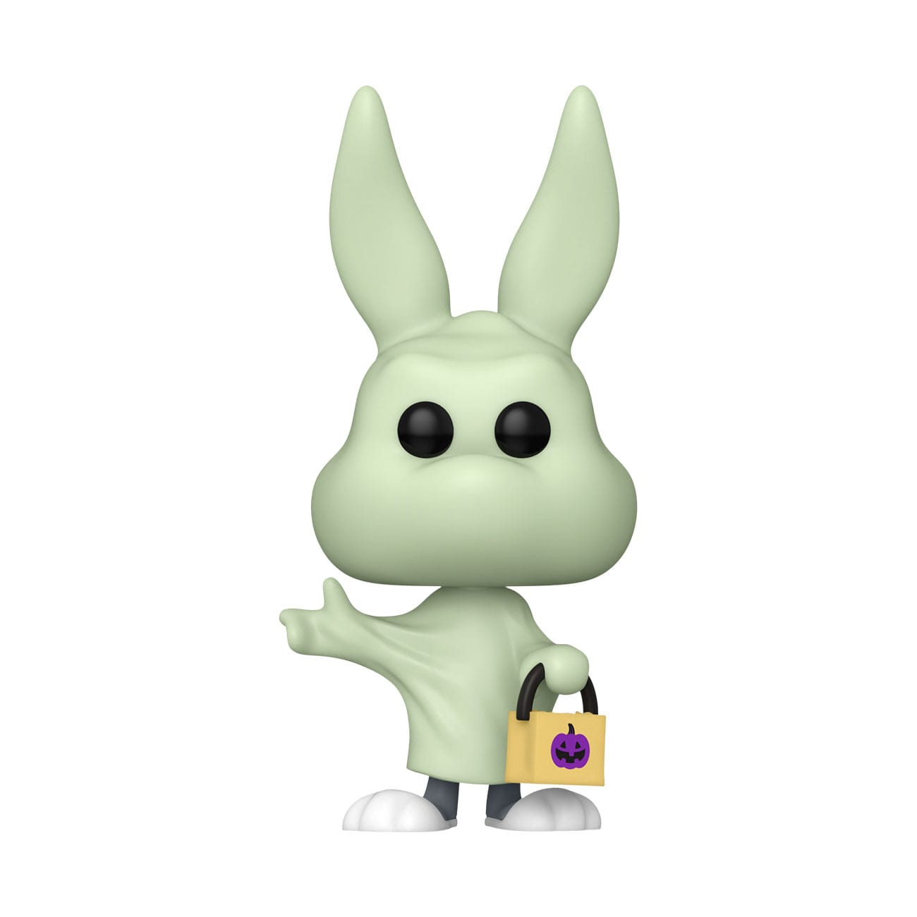 Una figura verde chiaro con orecchie da coniglio tiene una borsa per dolcetti.