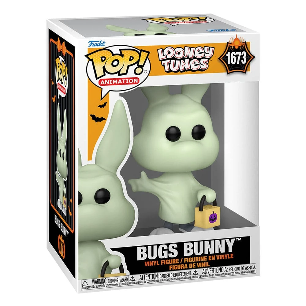 Un Funko Pop! verde chiaro di Bugs Bunny dei Looney Tunes con una borsa per dolcetto o scherzetto.