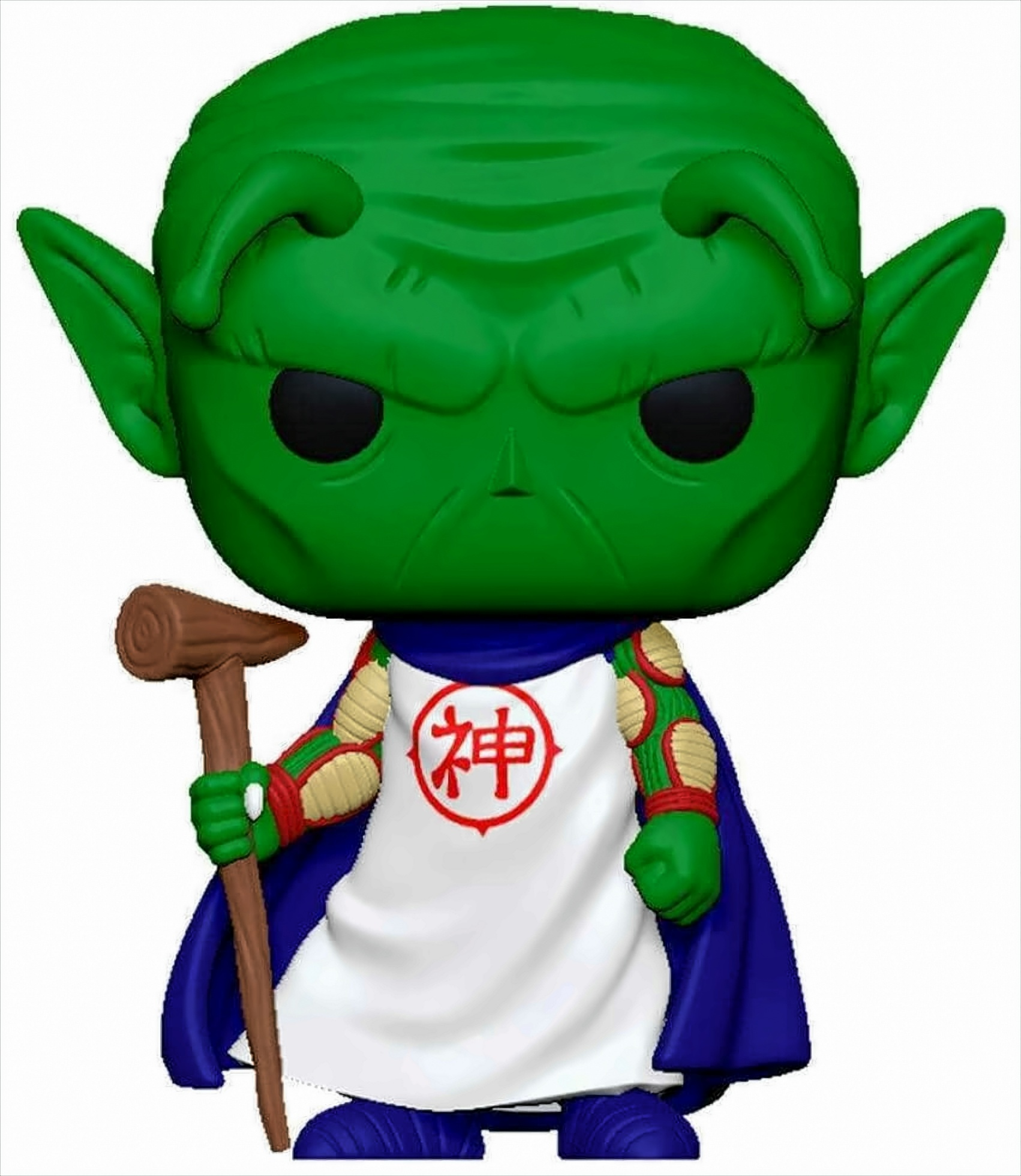 Personaggio verde con bastone, veste bianca con simbolo rosso.