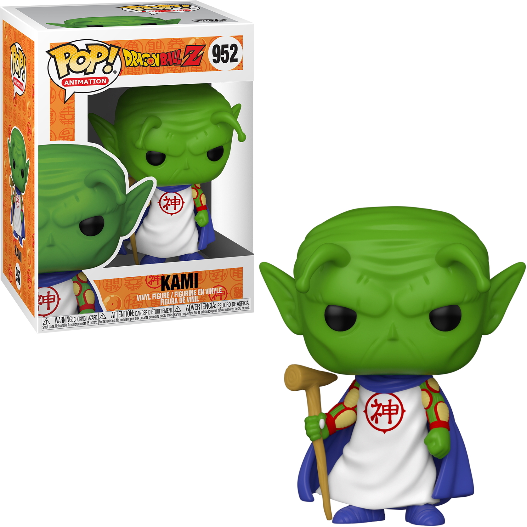 Figura verde di Kami con bastone, veste bianca con simbolo rosso e mantello blu.