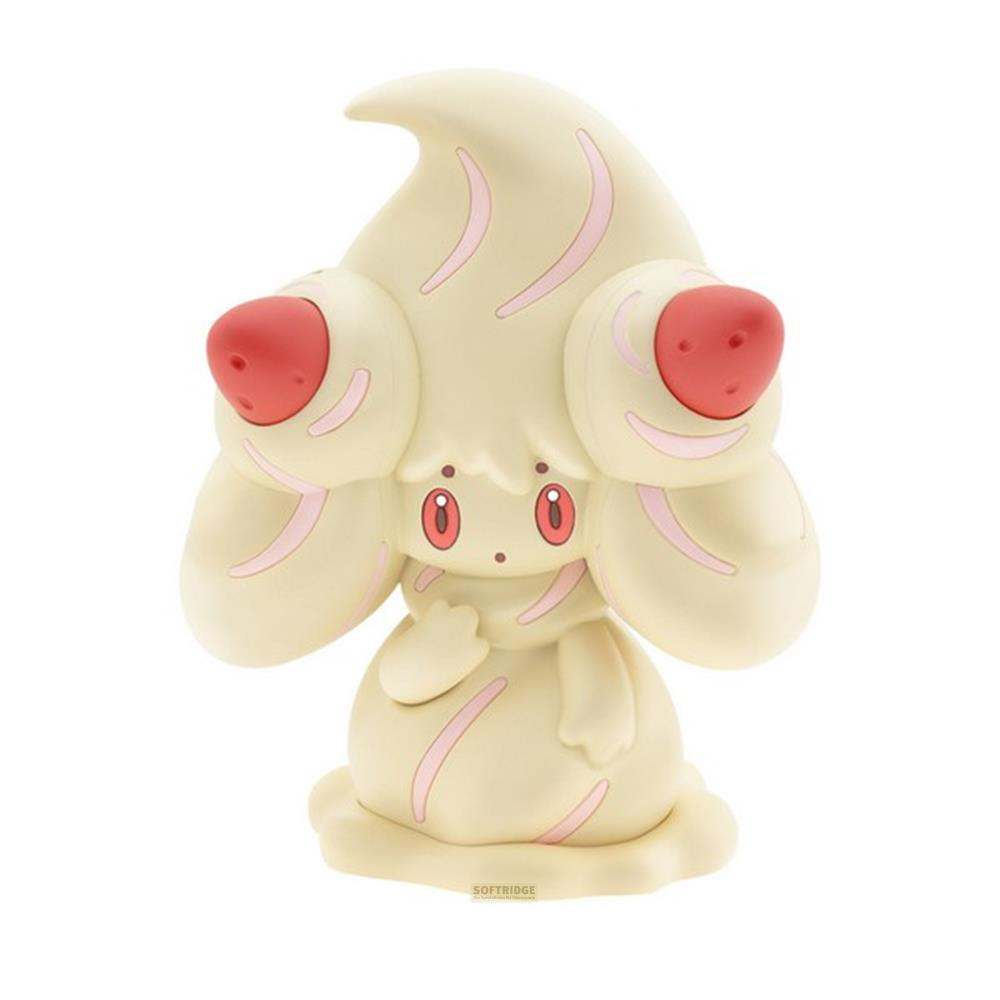 Une figurine couleur crème avec des yeux rouges et des rayures roses.