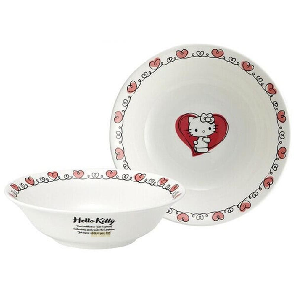 Weiße Schale und Teller mit Hello Kitty und rosa Herzen.