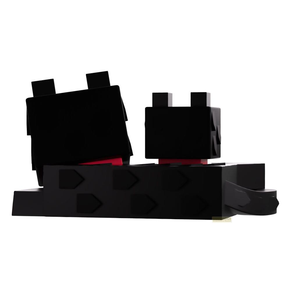 Zwei schwarze LEGO-ähnliche Figuren mit roten Akzenten stehen nebeneinander.