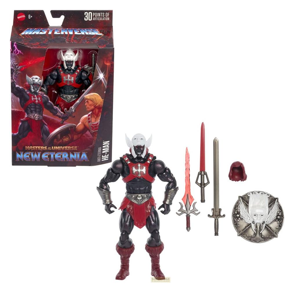 Action figure He-Man Anti-Eternia Masters of the Universe con accessori e confezione.