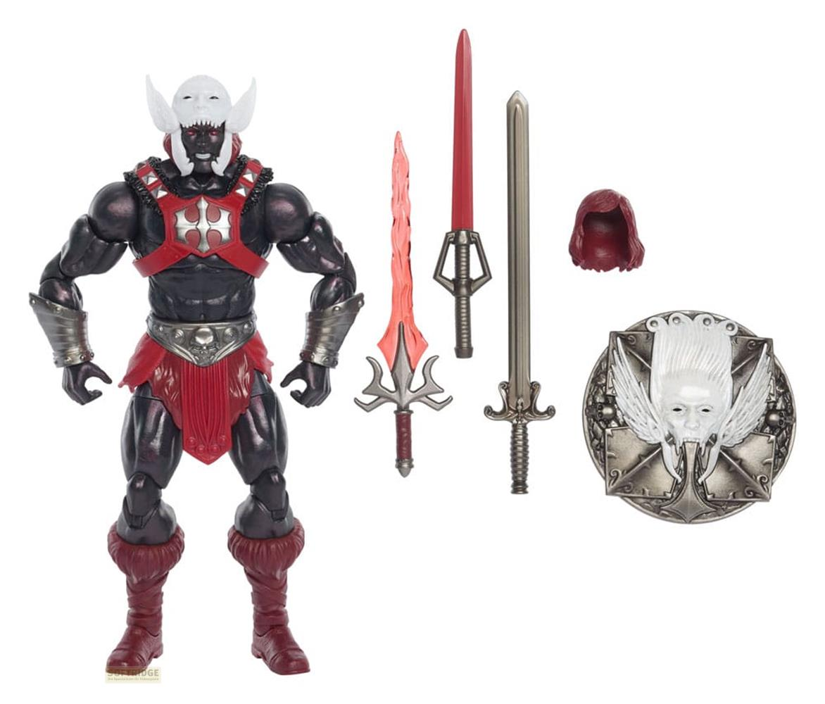 Action figure scura con abito rosso e maschera, con armi e scudo.