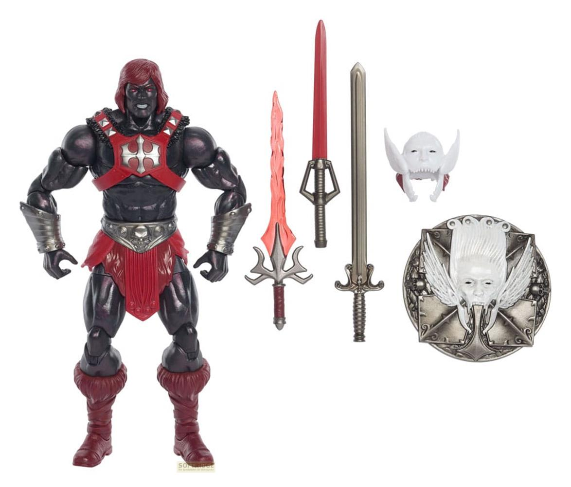 Action figure con cintura rossa, armatura e armi. Su sfondo bianco.