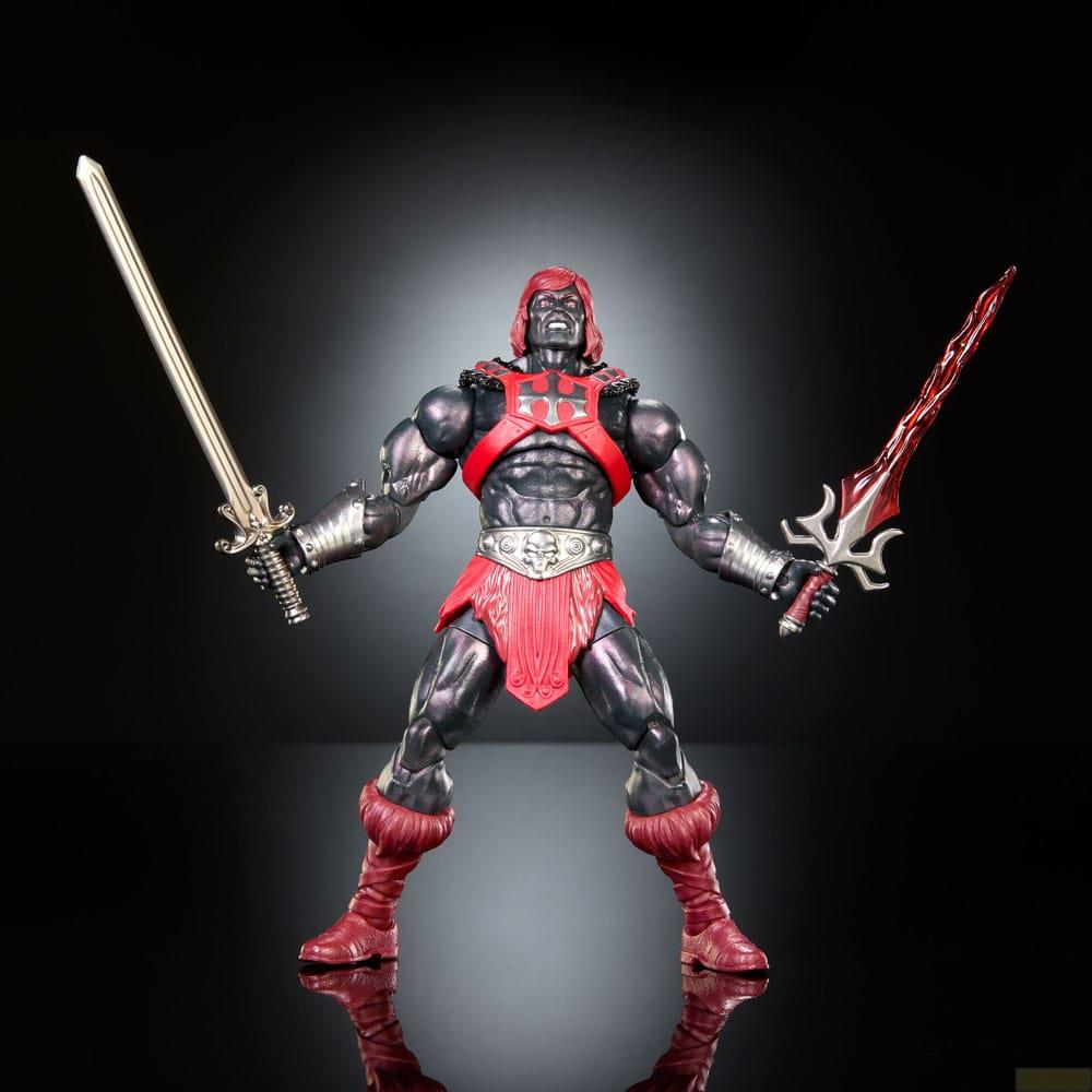 Action figure dal corpo scuro in abiti rossi tiene due spade.