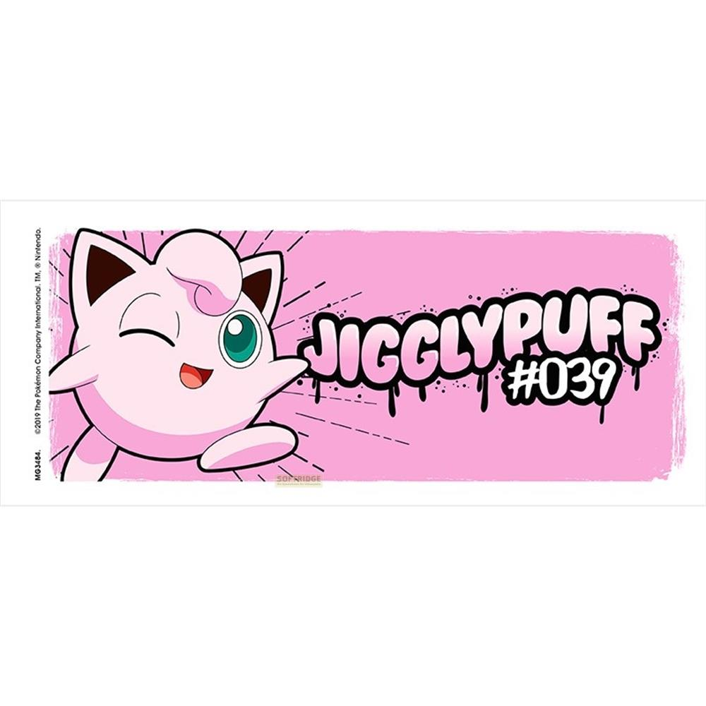Jigglypuff mit "JIGGLYPUFF #039" Schriftzug auf pinkem Hintergrund.