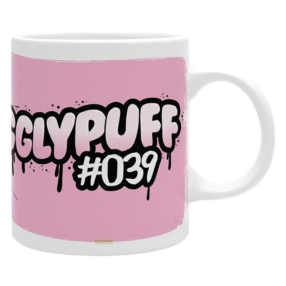 Weiße Tasse mit rosa Aufdruck "GLYPUFF #039" und tropfendem Design.
