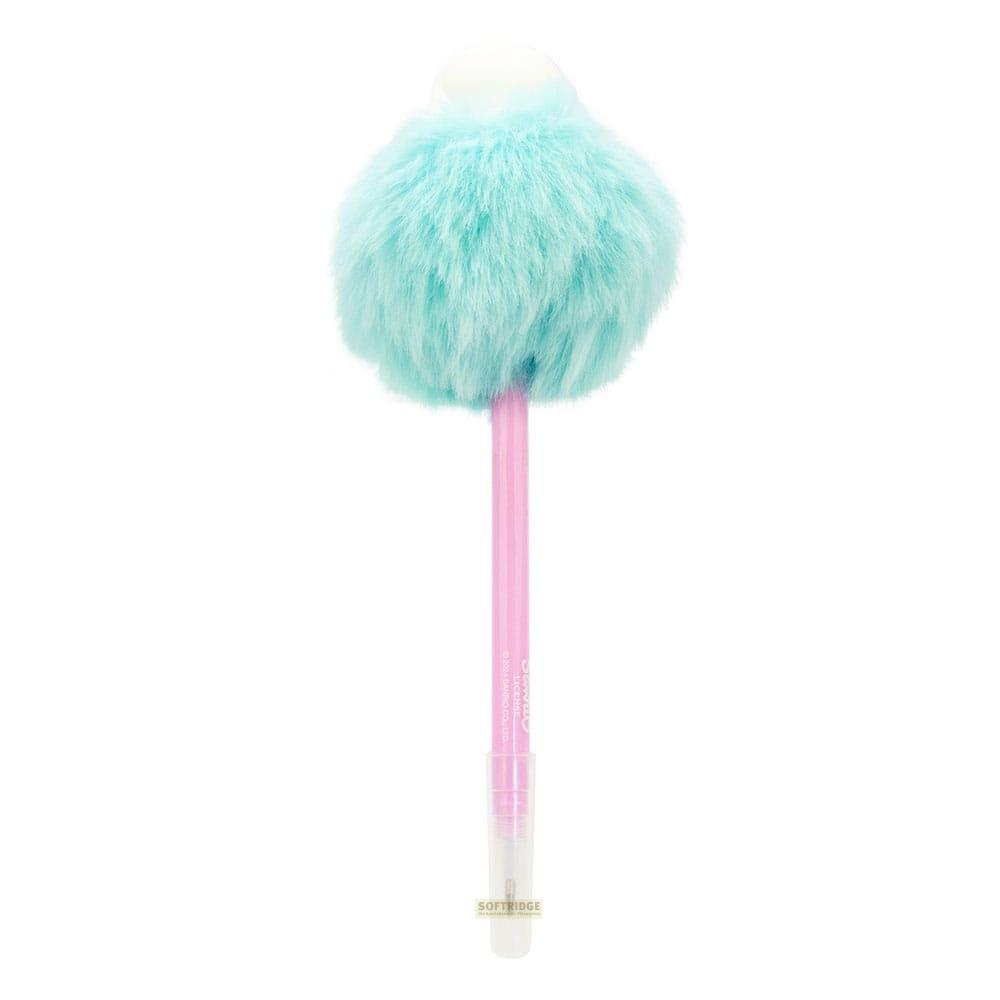 Ein rosa Stift mit einer flauschigen hellblauen Bommelspitze und einem weißen Aufsatz.