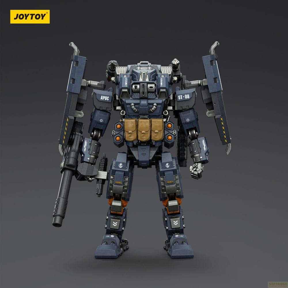 Un mech blu e beige con arma su sfondo grigio.