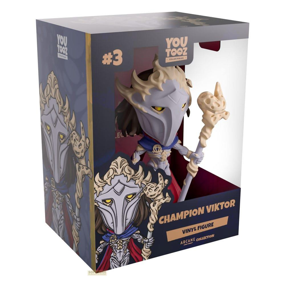 Figura de vinilo de Viktor en caja, con máscara, bastón y capa roja.
