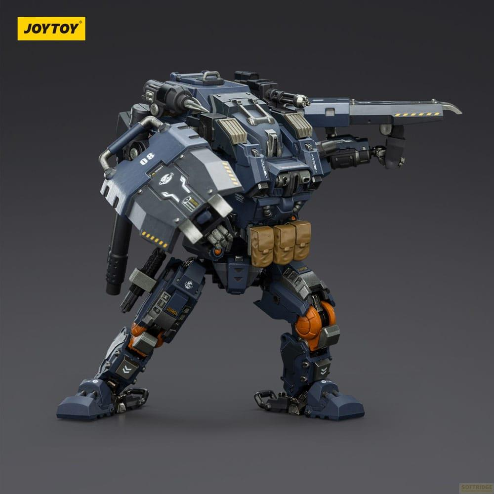 Un mech blu e grigio con un'arma sta su uno sfondo grigio scuro.