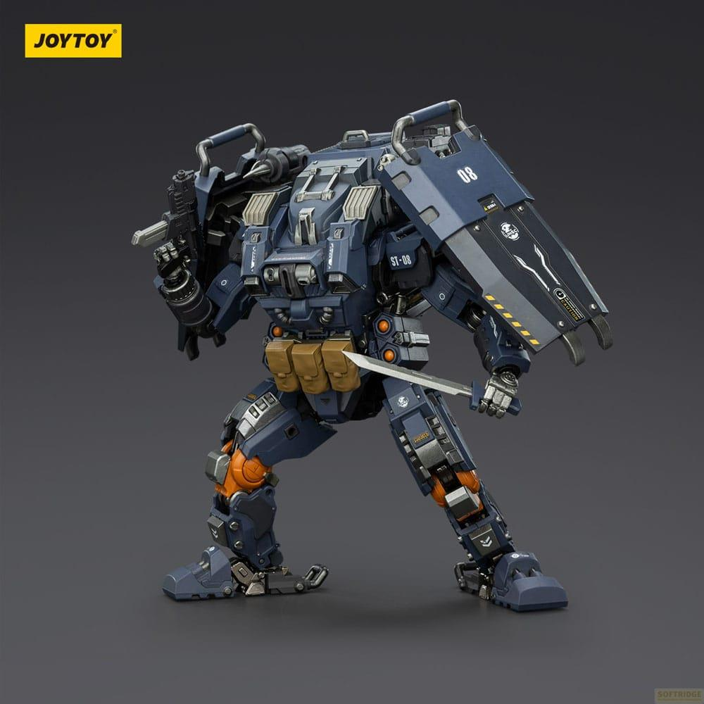 Un mech blu che tiene spada e scudo, con accenti arancioni.