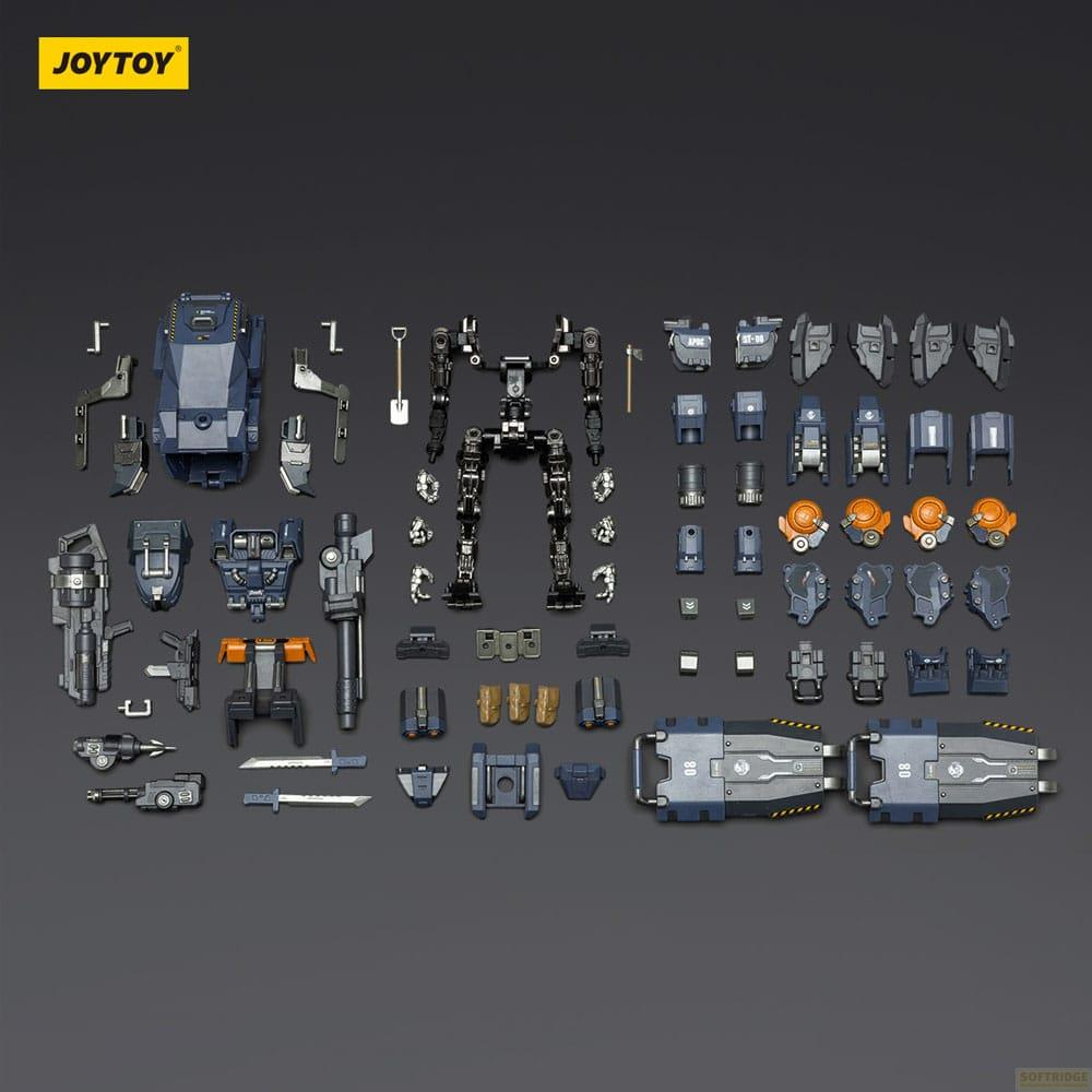 Un kit di modello mech con molte parti, tra cui scheletro, armatura, armi e accessori.