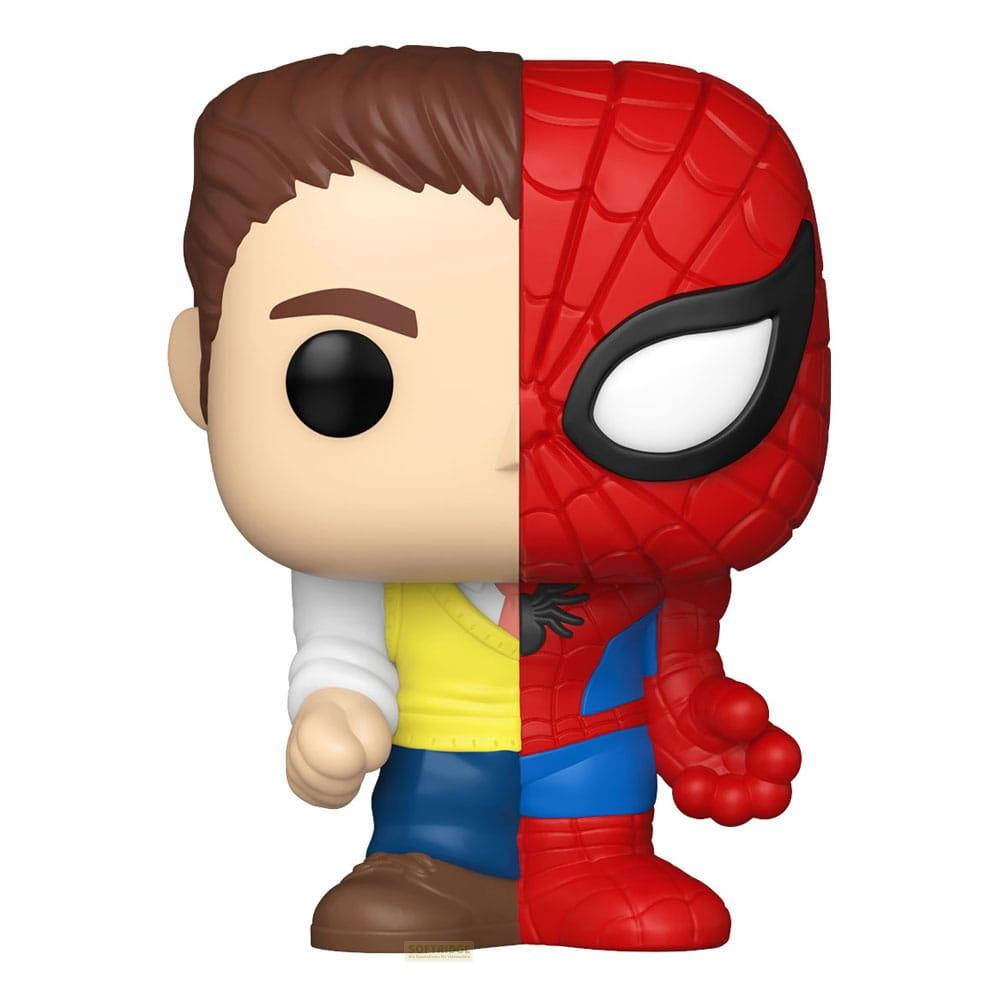 Statua Funko Pop divisa a metà: un lato Peter Parker, l'altro Spider-Man.