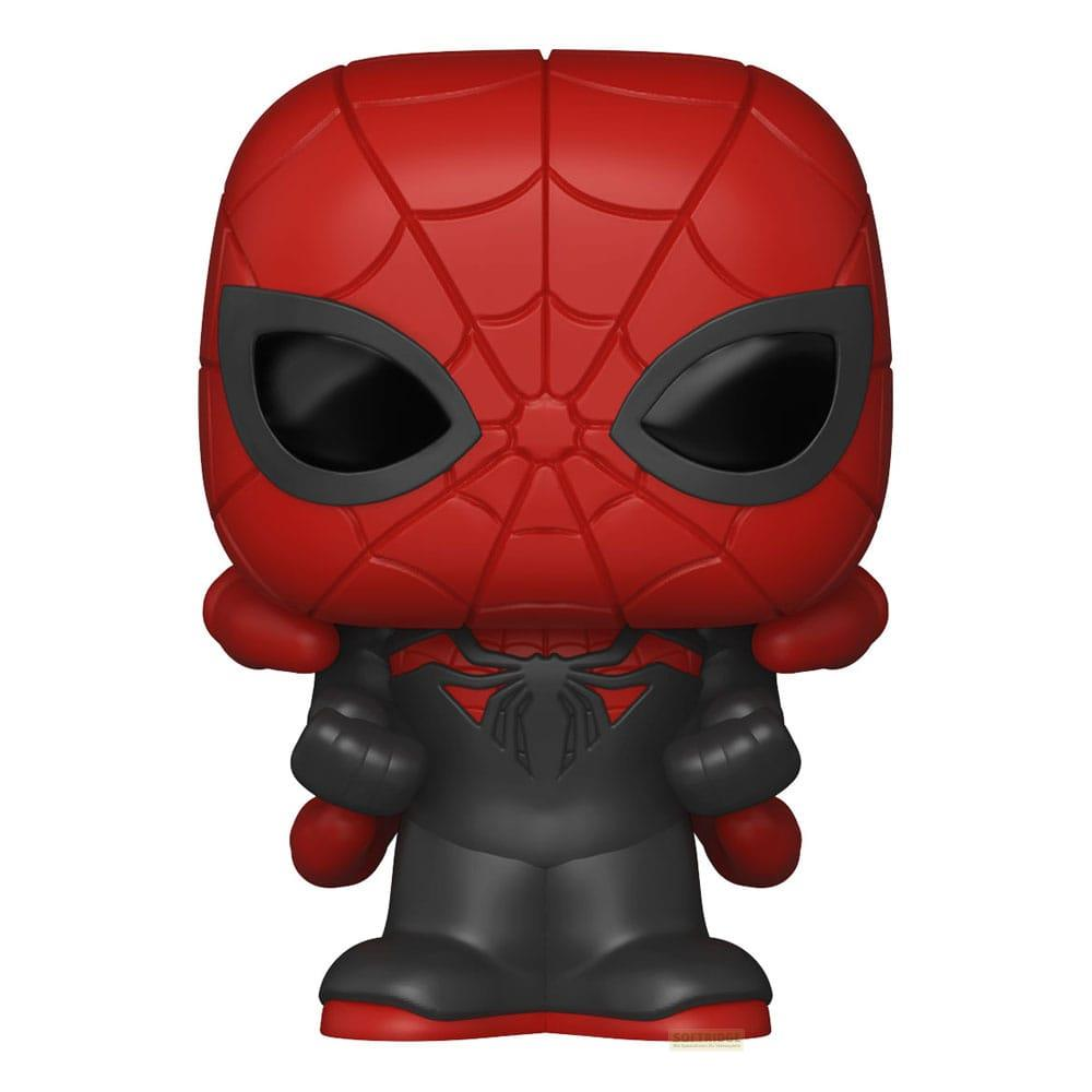 Una figura rossa e nera di Spiderman con motivo a ragnatela sulla testa.