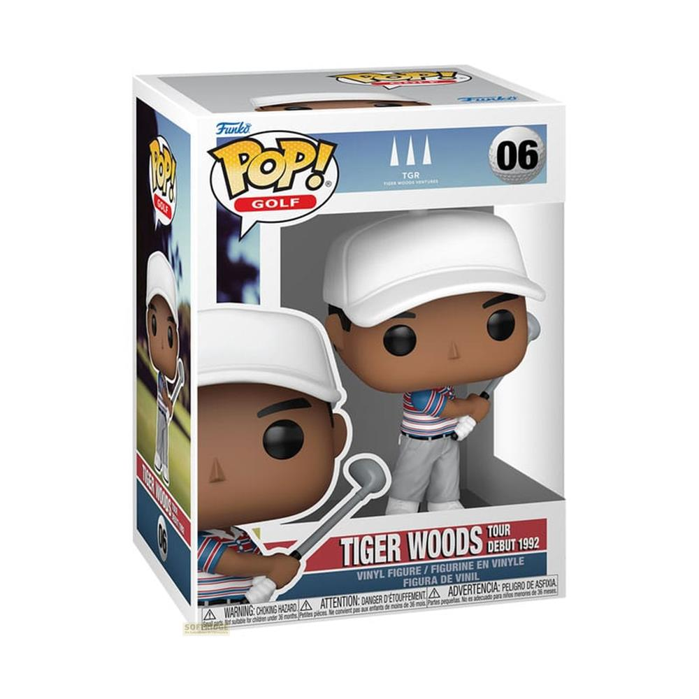 Funko Pop vinyl figure of Tiger Woods in golf attire, holding a club.