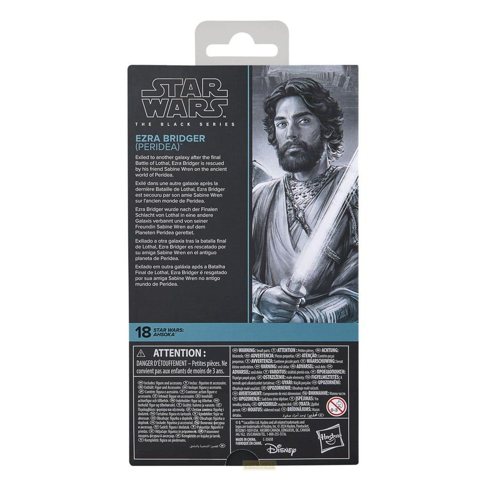 Action figure Star Wars Black Series Ezra Bridger in scatola con artwork e avvisi.