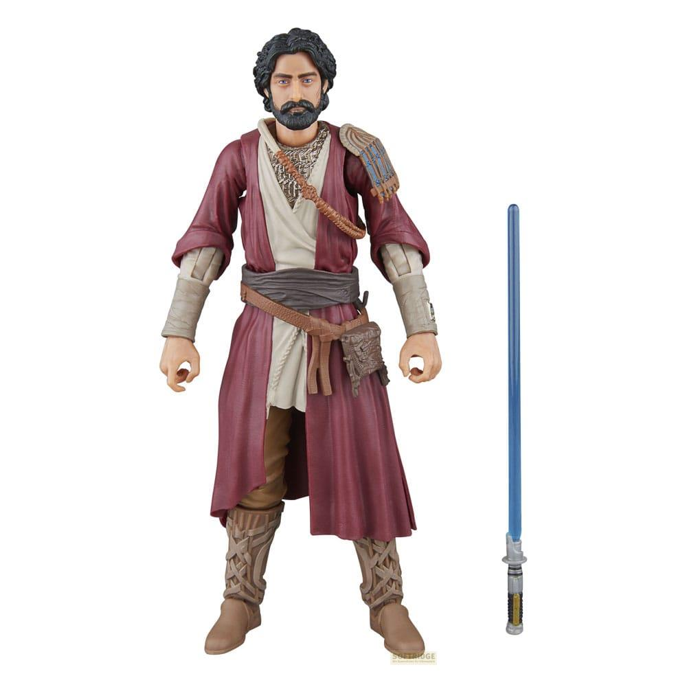 Action figure di un uomo con capelli scuri, barba, veste color vinaccia e spada laser blu.
