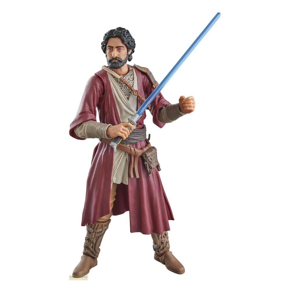 Una figura di Star Wars con una spada laser, indossa una veste rossa.