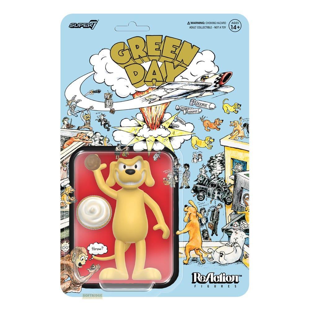 Gelber Hund-Figur in Verpackung, Green Day-Logo, Flugzeug explodiert.