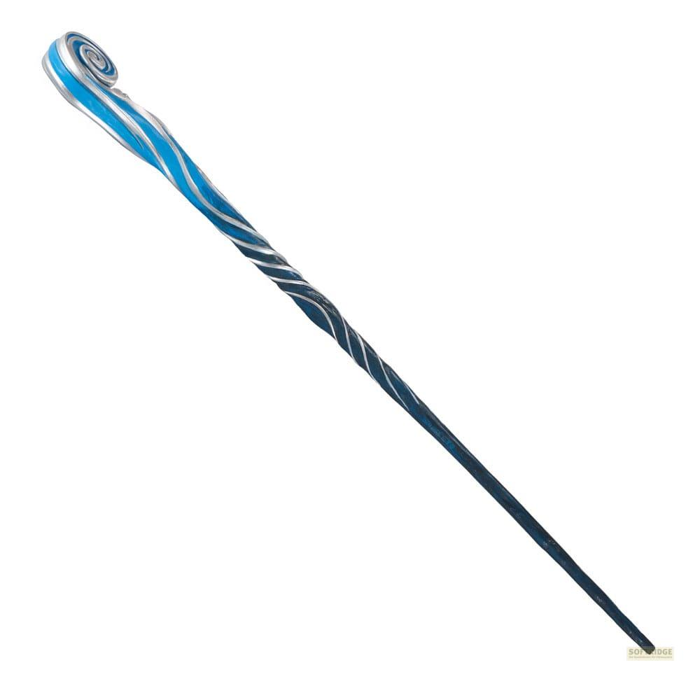 Una varita azul con espirales y rayas plateadas, que se estrecha hacia abajo.
