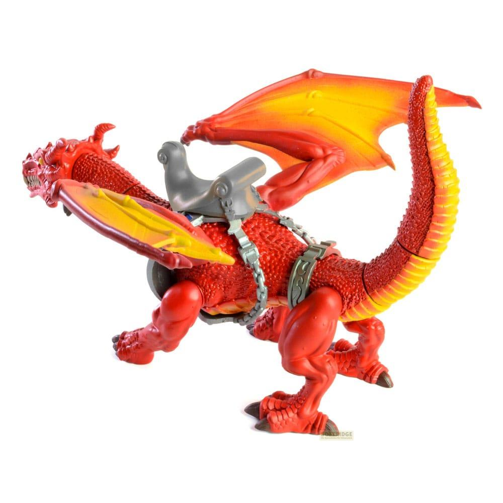 Un giocattolo drago rosso con ali gialle e sella.
