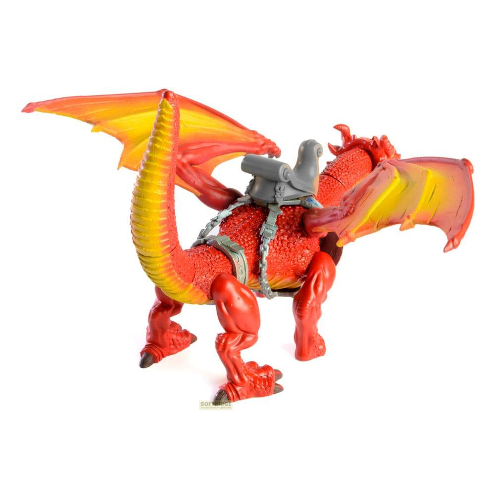Un drago giocattolo rosso con ali gialle e una sella grigia.
