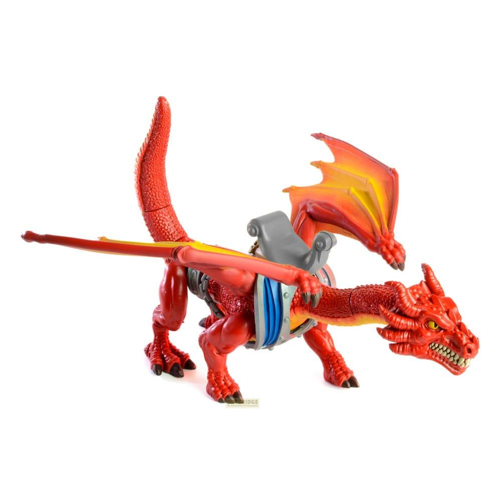 Un giocattolo drago rosso con ali e sella su sfondo bianco.