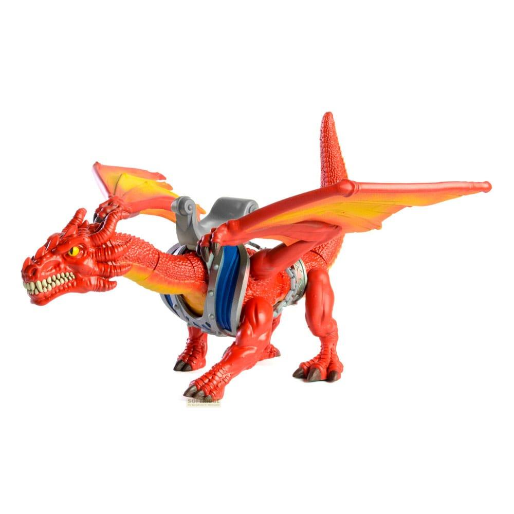 Un drago giocattolo rosso con ali e armatura sta su quattro zampe.
