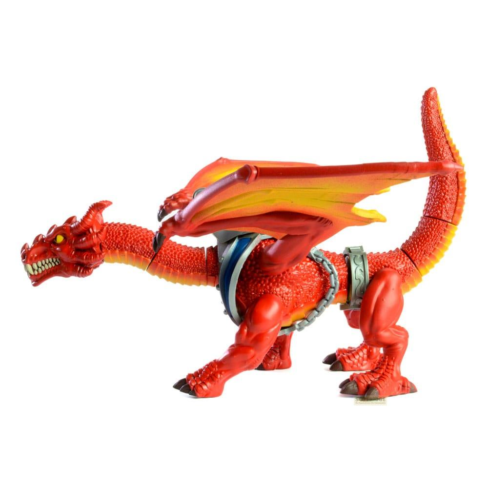 Un giocattolo drago rosso con ali e catene sta su quattro zampe.