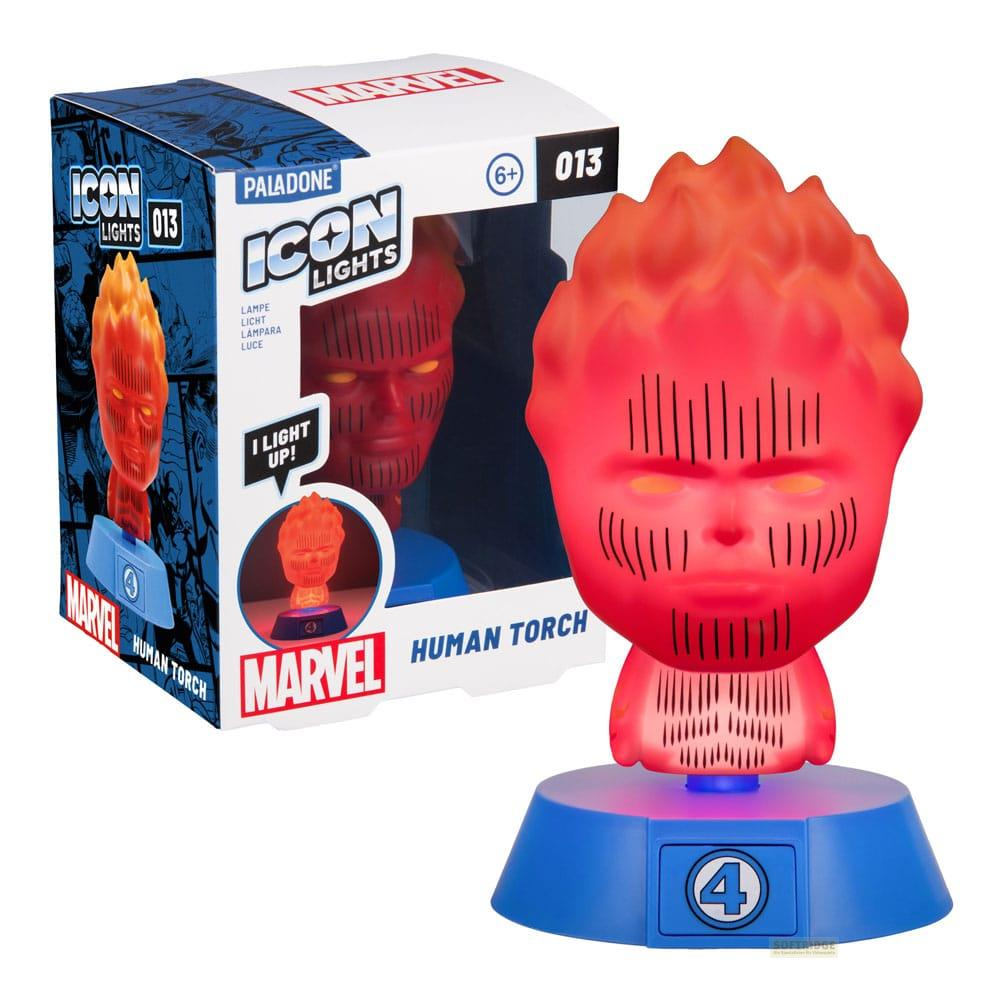 Ein roter Human Torch Lampe auf blauem Sockel mit Marvel-Logo.