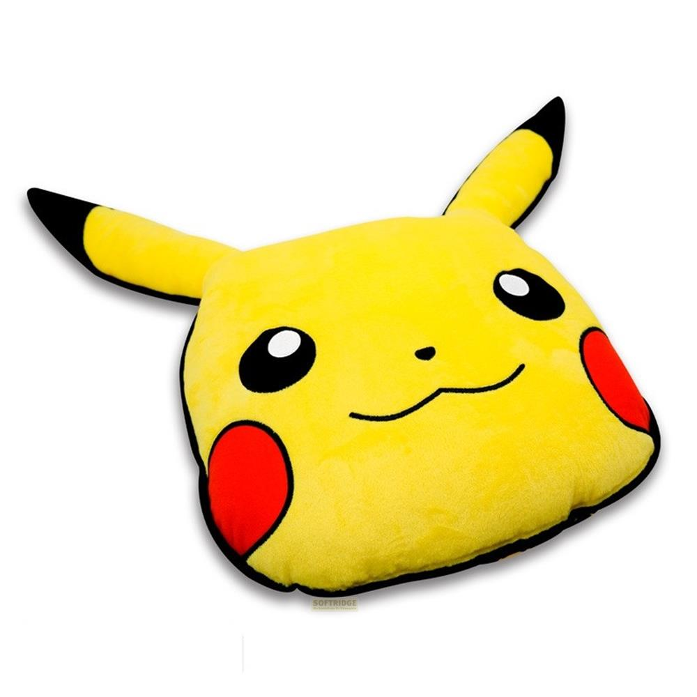 Una almohada amarilla de Pikachu con puntas de orejas negras y mejillas rojas.