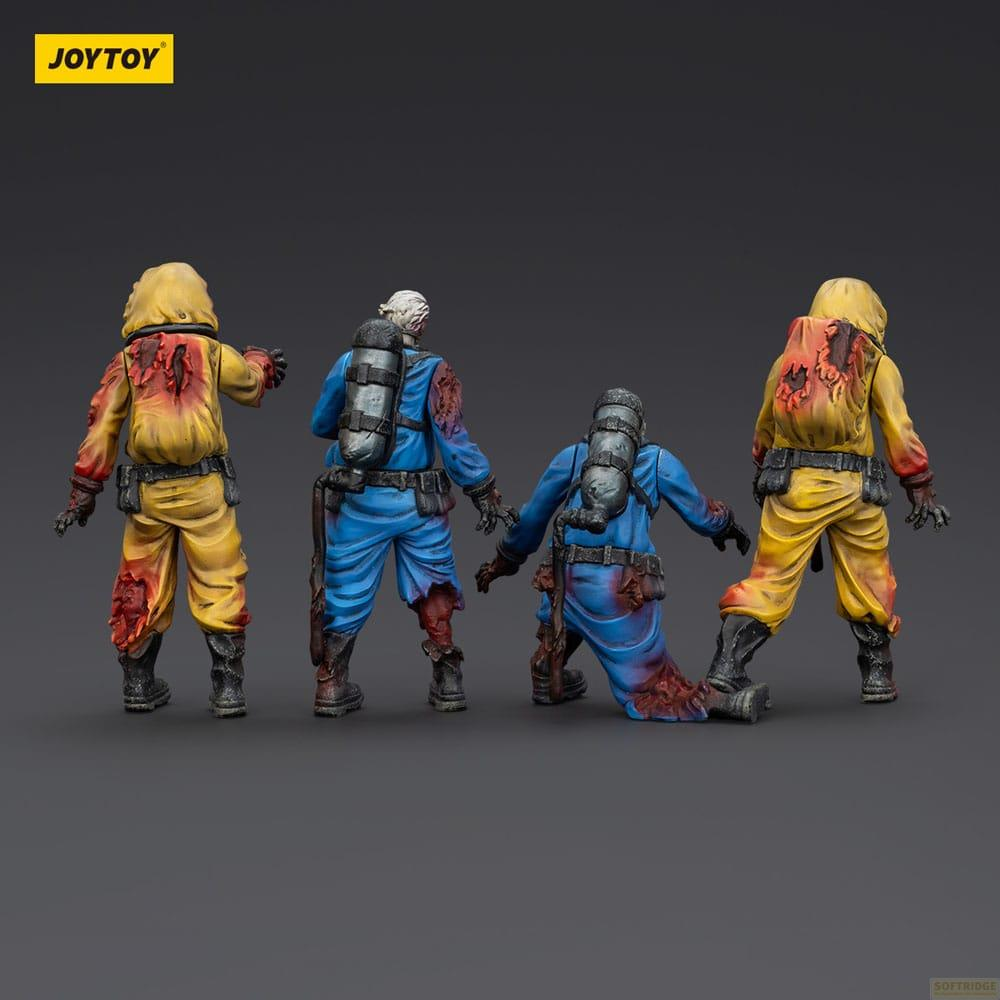 Quattro figure in tute blu e gialle per materiali pericolosi con bombole d'ossigeno, schizzi di sangue.