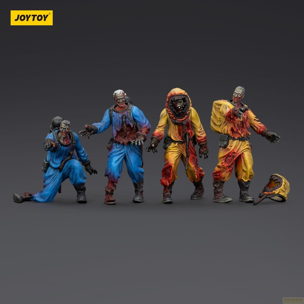 Quattro figure di zombie in abiti blu, gialli e arancioni con ferite sanguinanti.