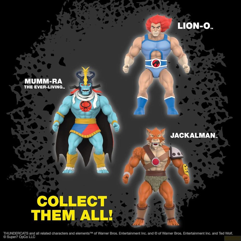 Action figure di Mumm-Ra, Lion-O e Jackalman dei Thundercats su sfondo nero.