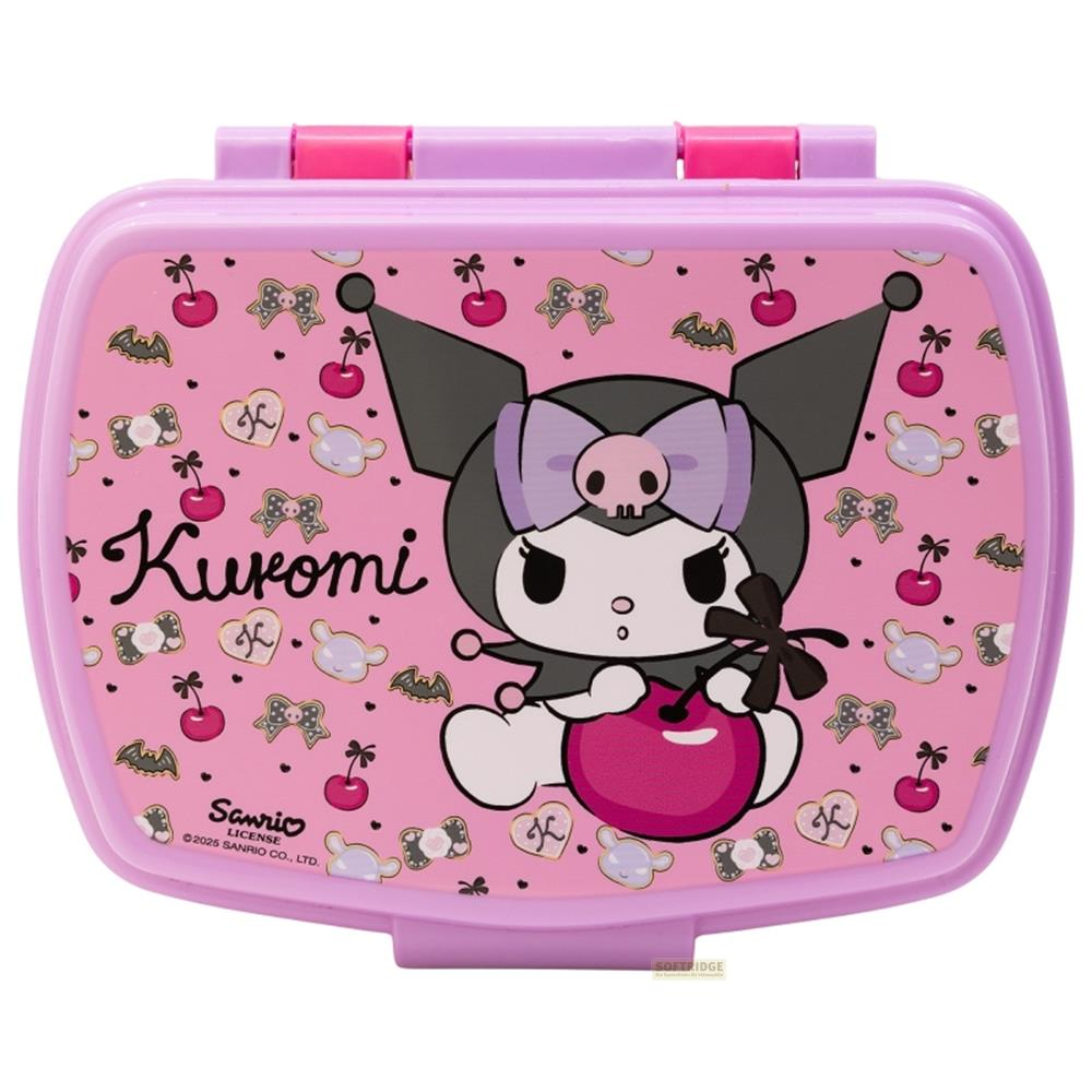 Ein pinker Behälter mit Kuromi und Kirschen, Schleifen, Fledermäusen.