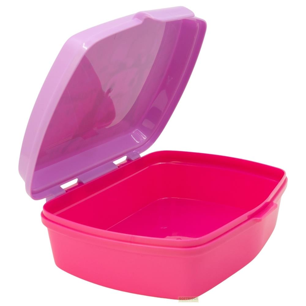 Ein offener, rechteckiger, pinker Behälter mit einem hellvioletten Deckel.