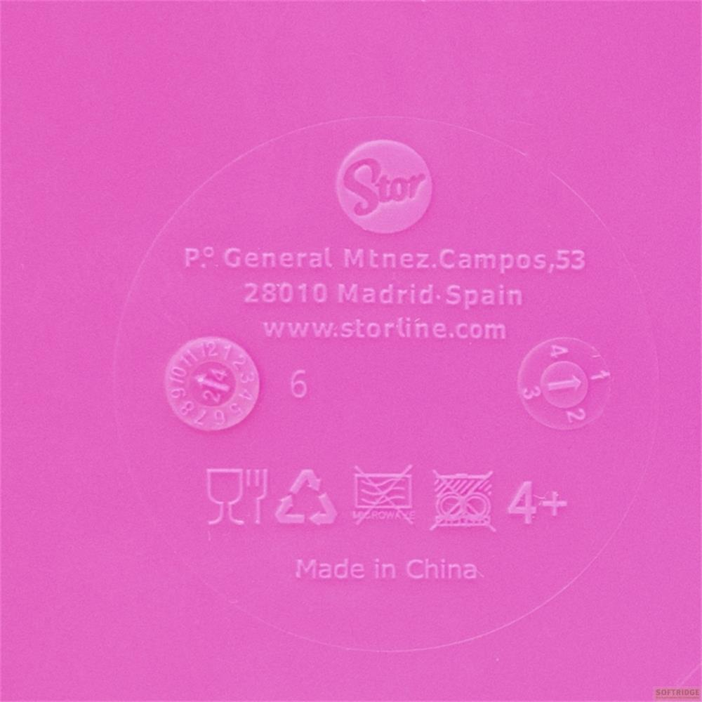 Rosa Unterlage mit Text und Symbolen, Herstellerinfos, Made in China.