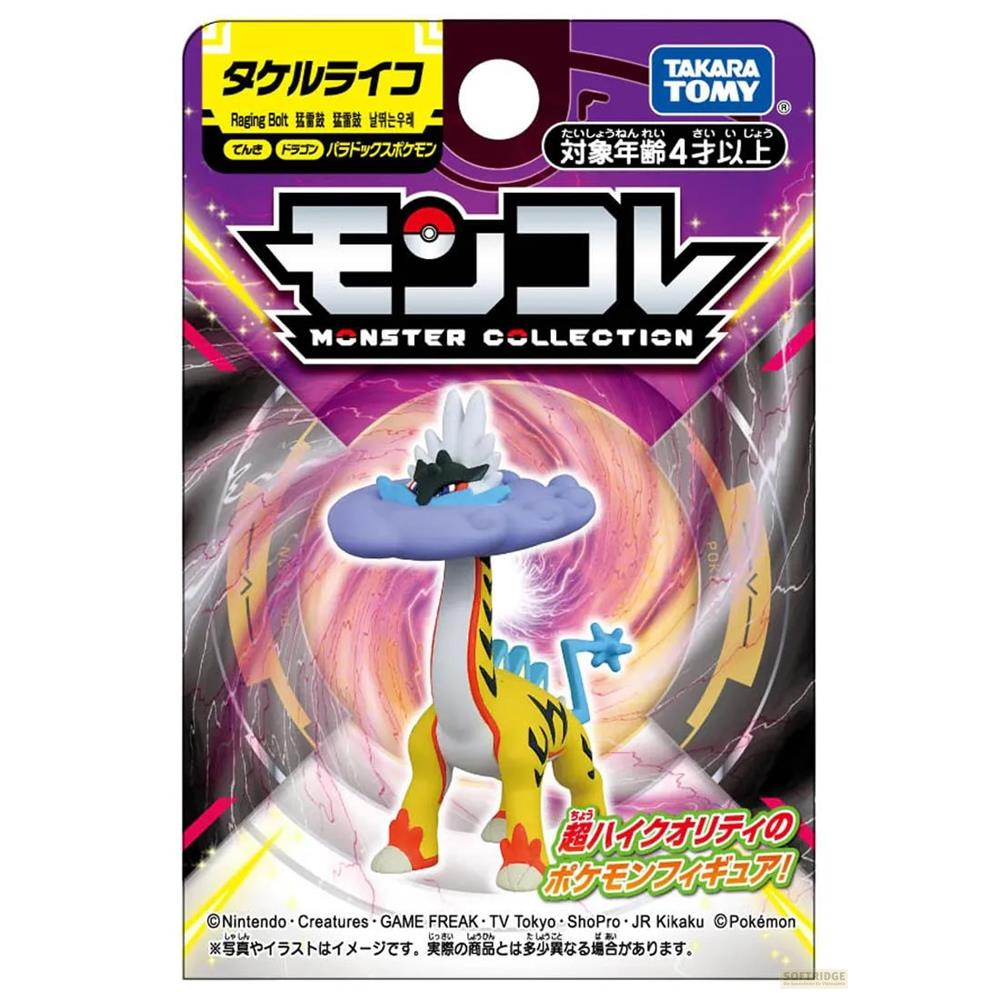 Ein Pokémon-Actionfigur von Raging Bolt in seiner Verpackung.