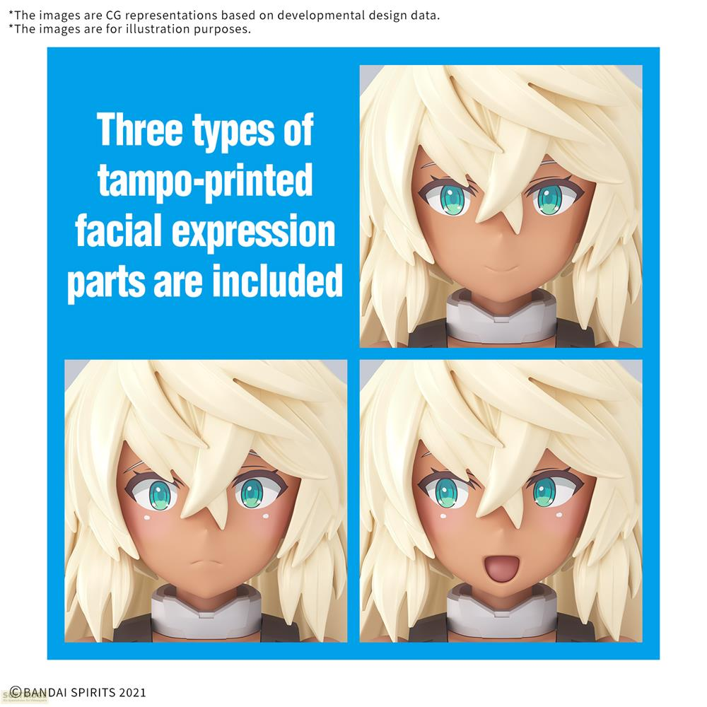 Trois types de pièces d'expression faciale tampographiées sont inclus.