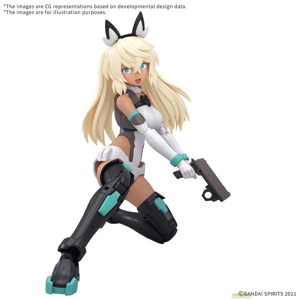 Figurine d'anime aux cheveux blonds, yeux bleus et oreilles de lapin, tenant un pistolet.