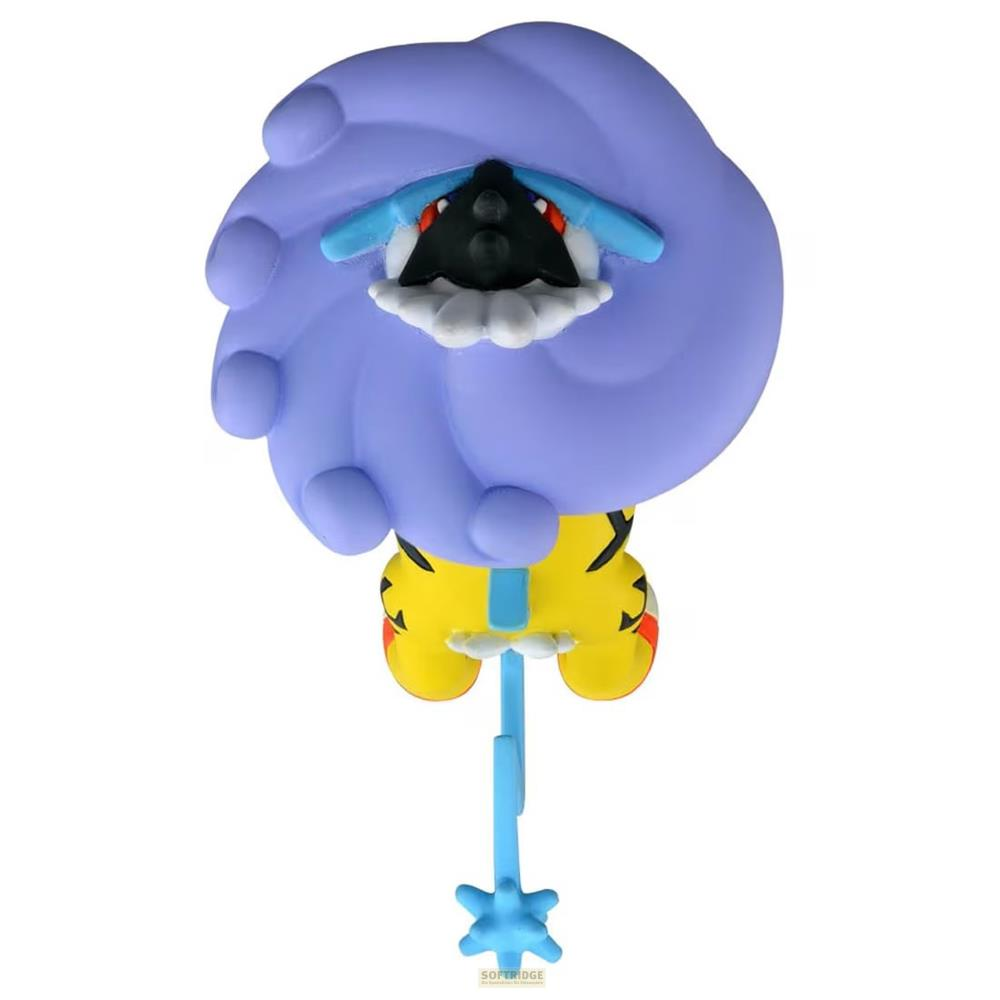 Ein gelber Pokémon-Figur mit lila Haube und blauen Akzenten.