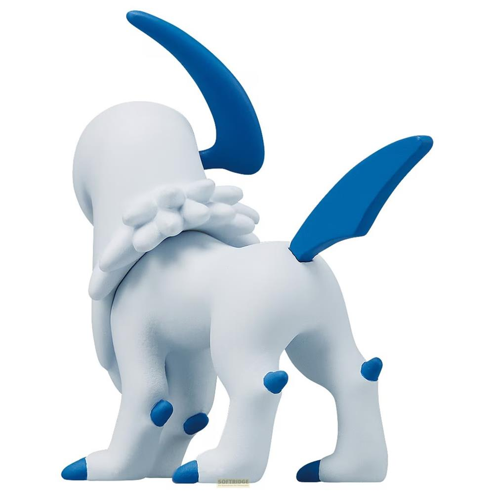 Eine weiße Pokémon-Figur mit blauen Akzenten, die nach links blickt.